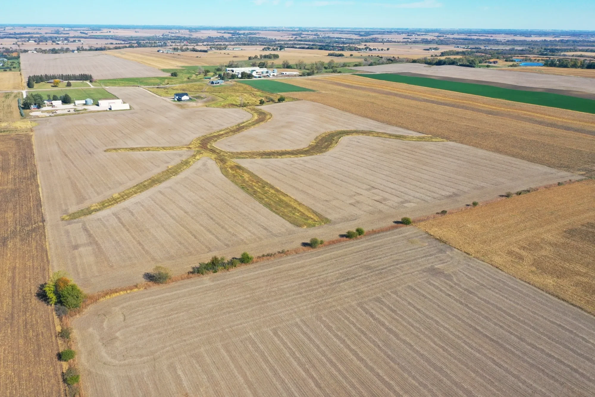 Aerial view of farmland with unique pattern