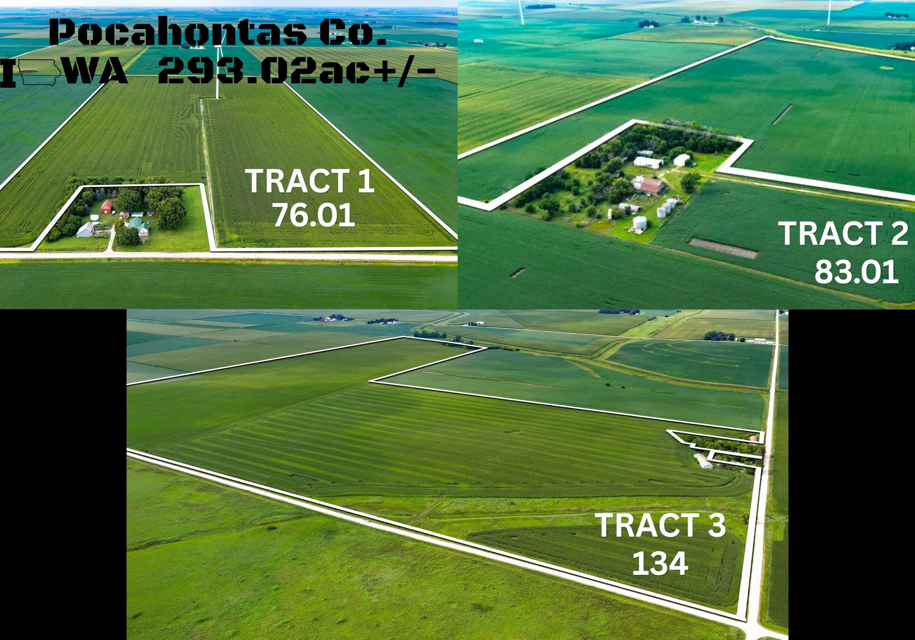 Aerial map of three outlined farmland tracts
