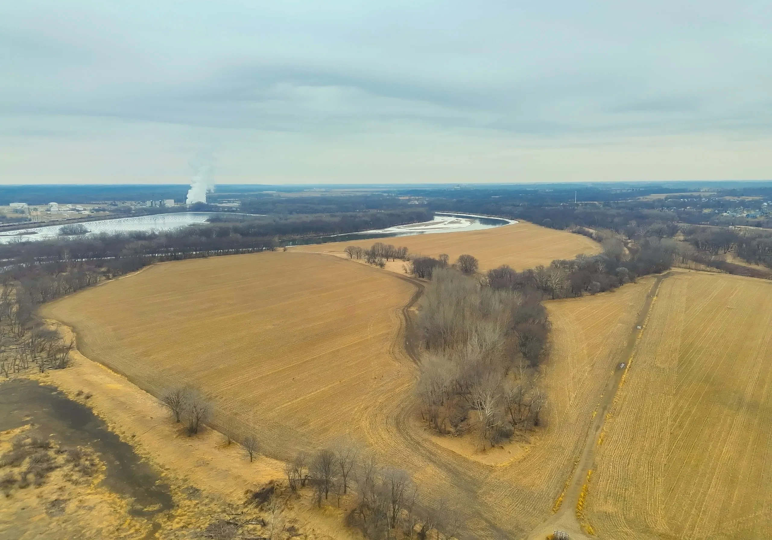 Aerial view of winter farmland